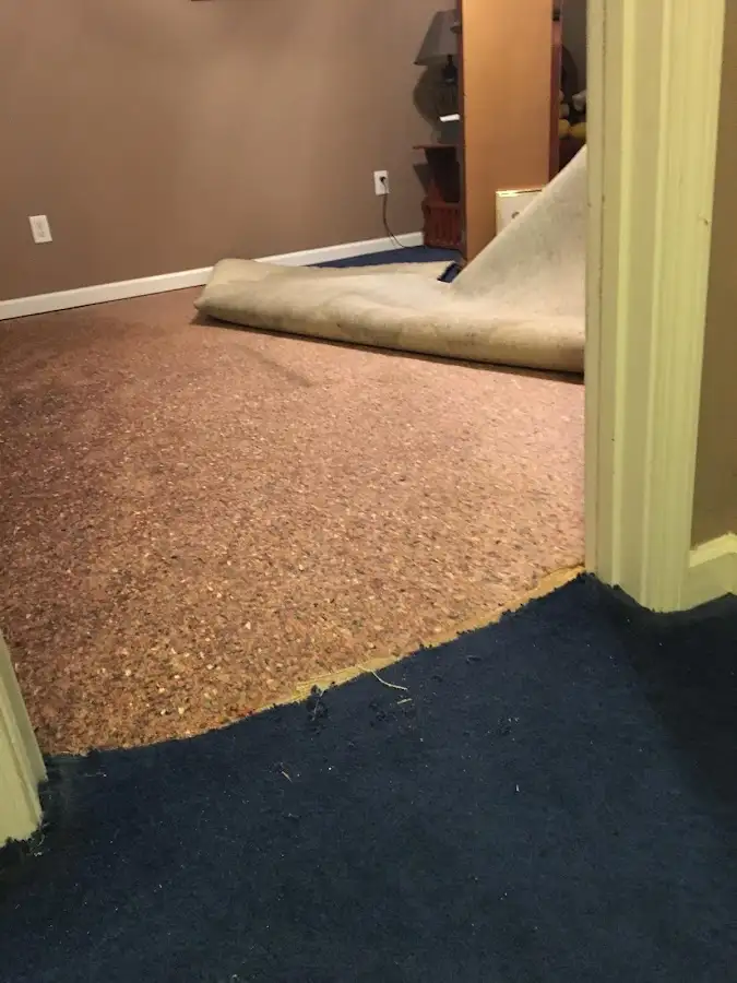 Carpet pad removal revealing water damage during Water Mitigation Services in Montecito