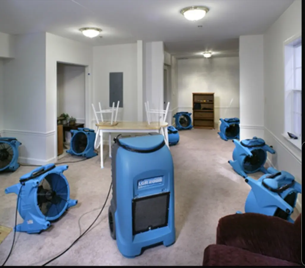 Air movers and dehumidifier setup for Water Damage Restoration in Montecito